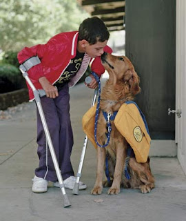 boy with crutches and service dog