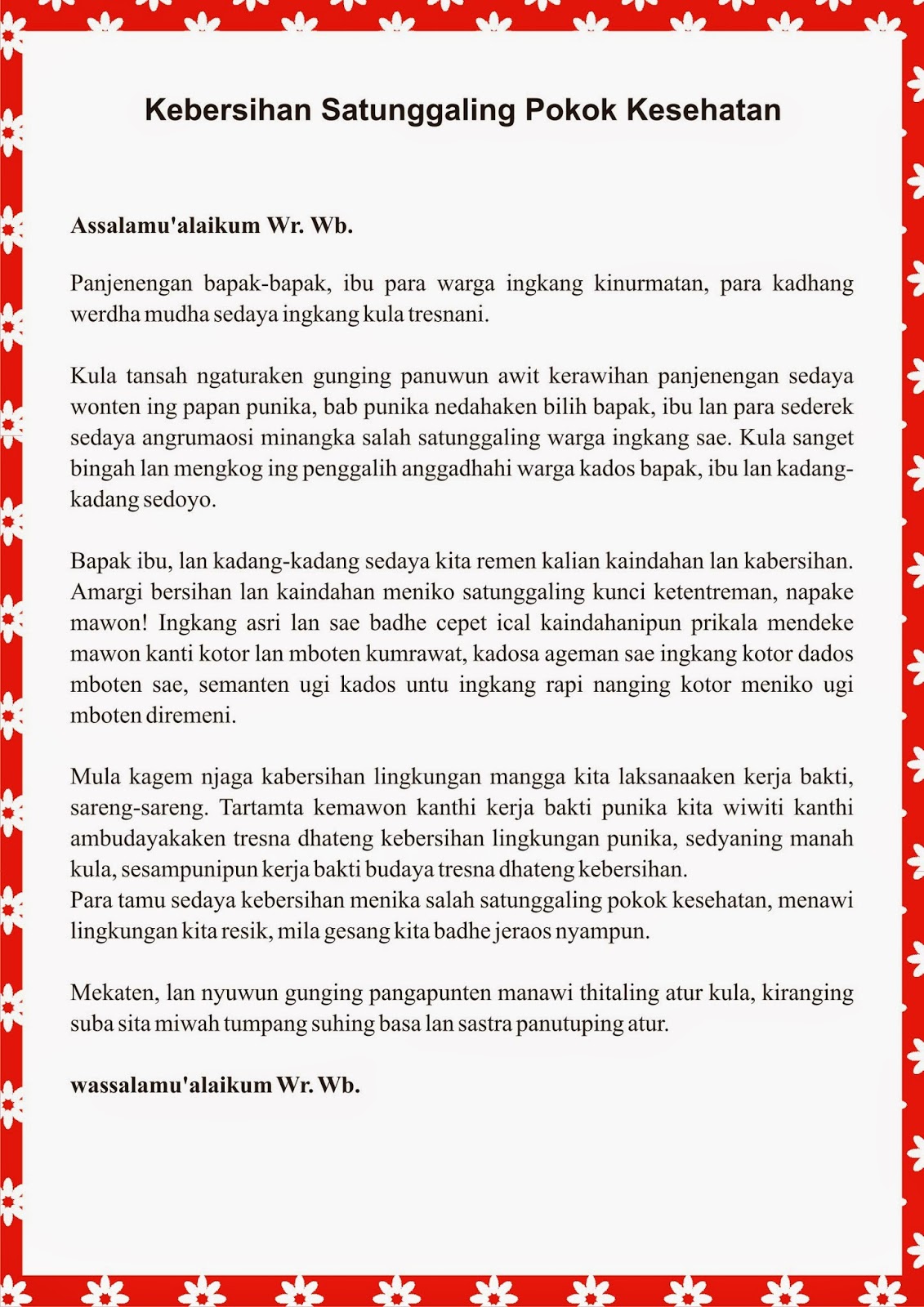 Contoh Lain Pidato Bahasa Jawa dengan Tema Kebersihan