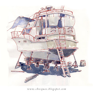 Pen & wash sketchbook drawing of a boat on dry land