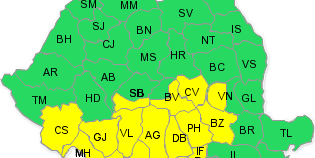 COD GALBEN de ninsoare şi viscol în  Oltenia, cea mai mare parte a Munteniei şi zona Munţilor Banatului şi a Carpaţilor Meridionali