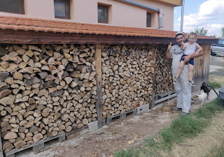 Halil holds Rosie up next to his wood stack