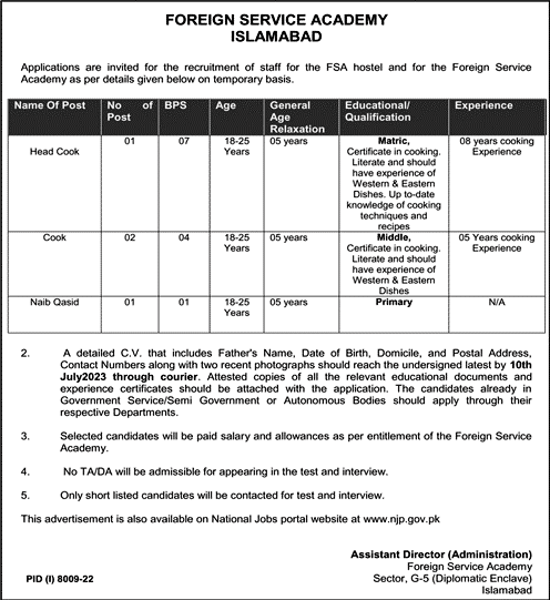 Foreign Service Academy Islamabad Jobs 2023