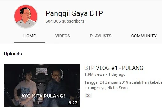 Panggil Saya BTP - Channel Youtube Ahok  Dalam 1 Menit Ribuan Subscibe