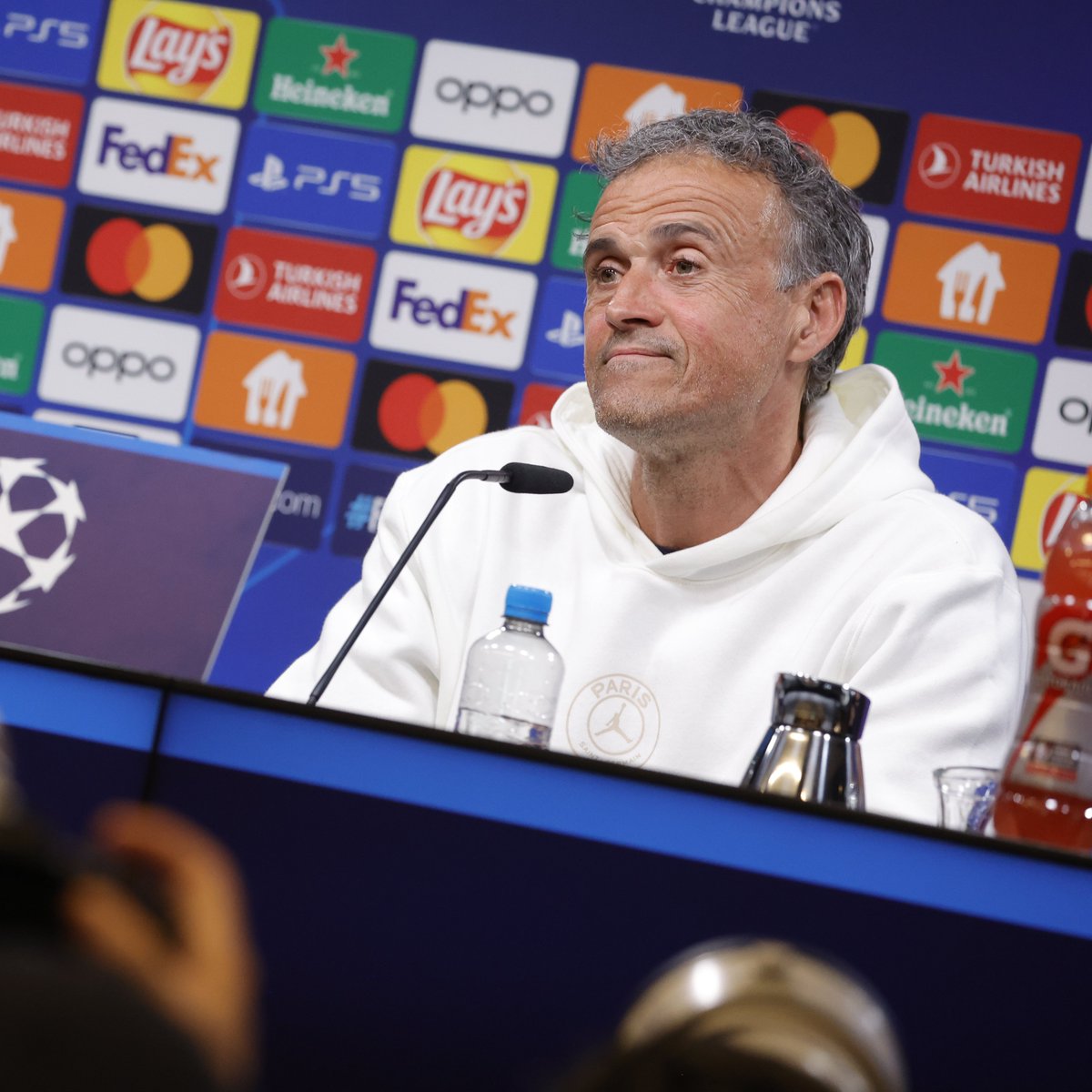 Paris Saint-Germaine (PSG) manager, Luis Enrique, at a press conference ahead of the Uefa Champions League 2023/24 semi final first leg against Borussia Dortmund at Signal Iduna Park on Wednesday 1 May, 2024