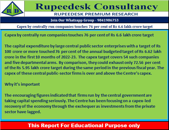 Capex by centrally run companies touches 76 per cent of Rs 6.6 lakh crore target - Rupeedesk Reports - 10.02.2023