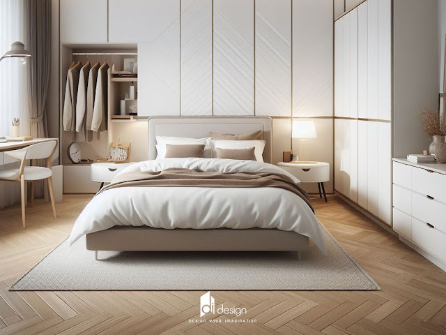 Mẫu phòng ngủ màu trắng được decor theo phong cách hiện đại, thời thượng