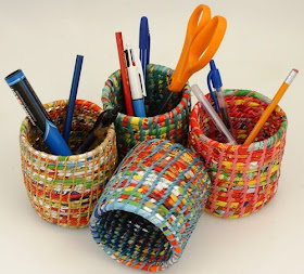pencil cups, colorful, made from recycled plastic