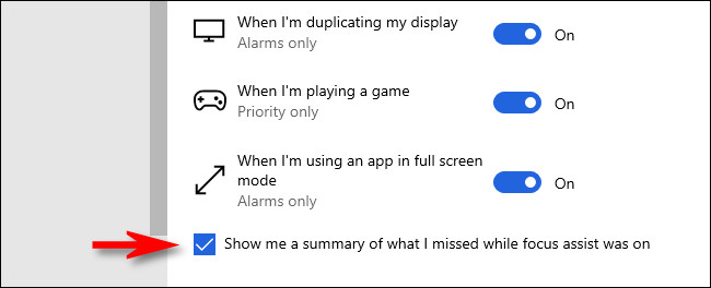 ضع علامة اختيار في المربع المسمى "اعرض لي ملخصًا لما فاتني أثناء تشغيل مساعدة التركيز."