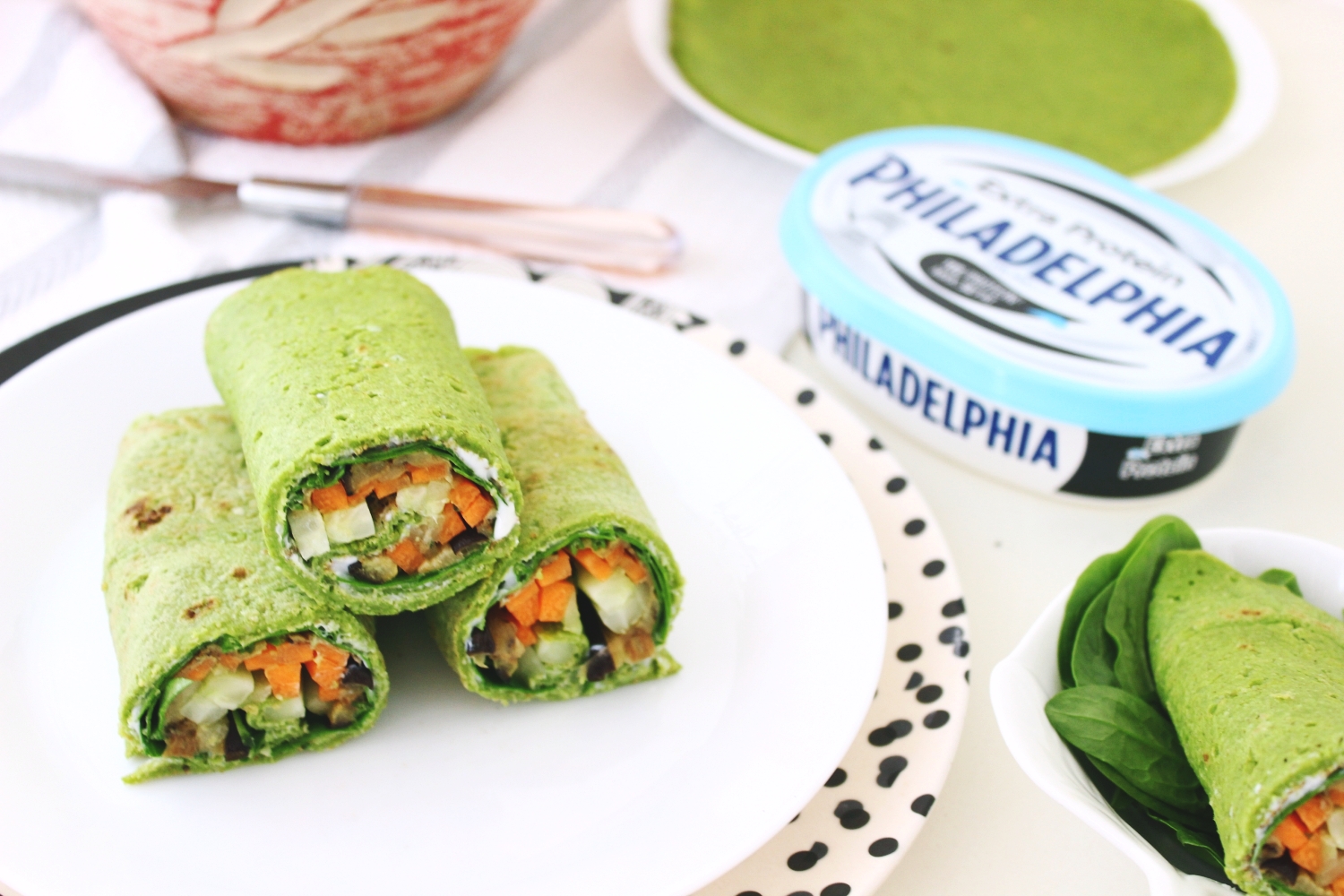 healthy low fat high protein spinach wraps tortillas filled with Philadelphia extra protein cream cheese