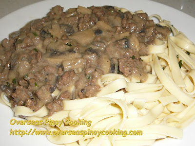 Pinoy Ground Beef Stroganoff over Egg Noodles Dish