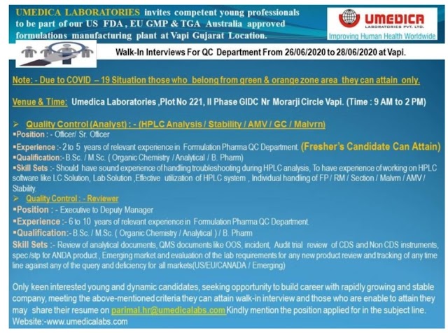 Umedica Labs | Walk-in for QC on 26 to 28 June 2020 at Vapi