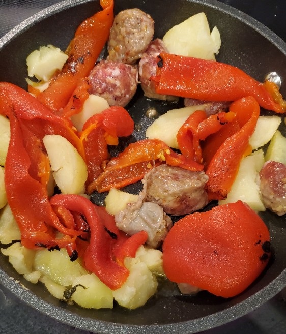 pan fried sausage, peppers and potatoes