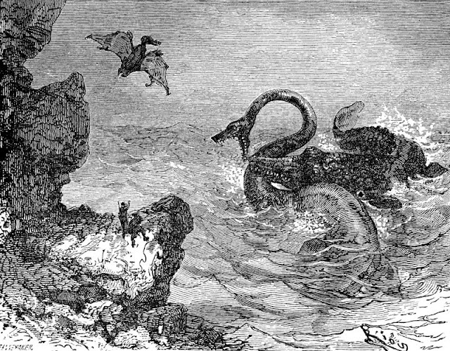 Giant prehistoric monsters battle each other in a subterranean sea.