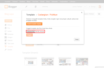 kotak dialog pengunggahan file template di menu cadangkan/pulihkan