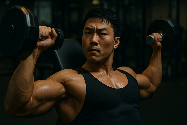 헬스장에서 덤벨프레스를 하는 한국 남성의 상체 클로즈업