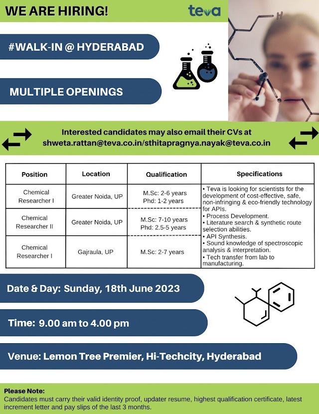 Teva Pharmaceuticals | Walk-in interview for Research and Development on 18th June 2023