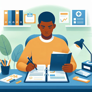 A person reviewing their health records at a desk.