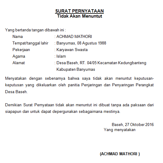 Contoh Surat Pernyataan Tidak Akan Menuntut