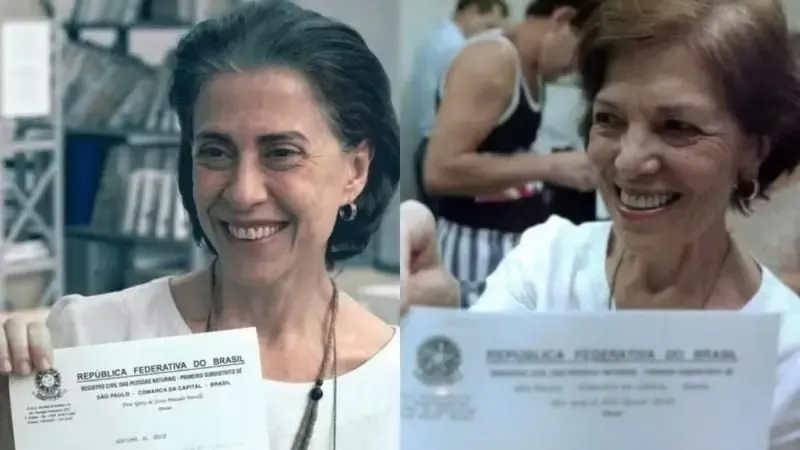 Crédito, Reprodução | Eunice Paiva (à dir.) com certidão de óbito do marido, Rubens Paiva; advogada foi interpretada por Fernanda Torres (à esq.) em 'Ainda Estou Aqui'