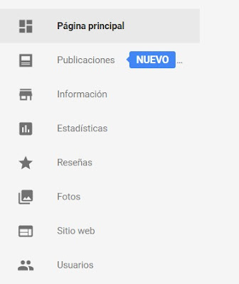 Menu Nuevas Publicaciones en Google my Business