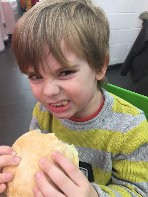 Bert eating lunch at Bickel's Yard Cafe