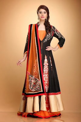 BLACK LONG JACKET WITH ORANGE LEHENGA