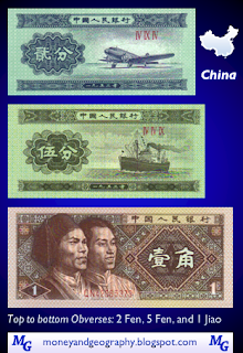 Obverse sides of 2 Fen, 5 Fen, and 1 Jiao banknotes