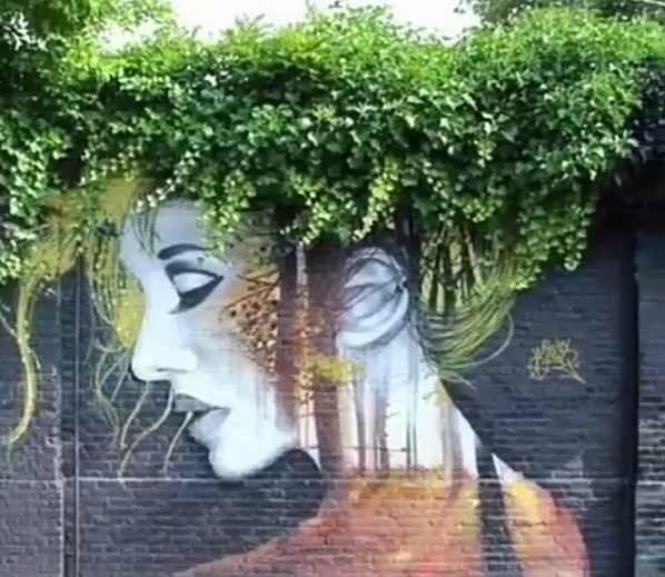 Mural de rostro en la pared. Arte callejero con plantas