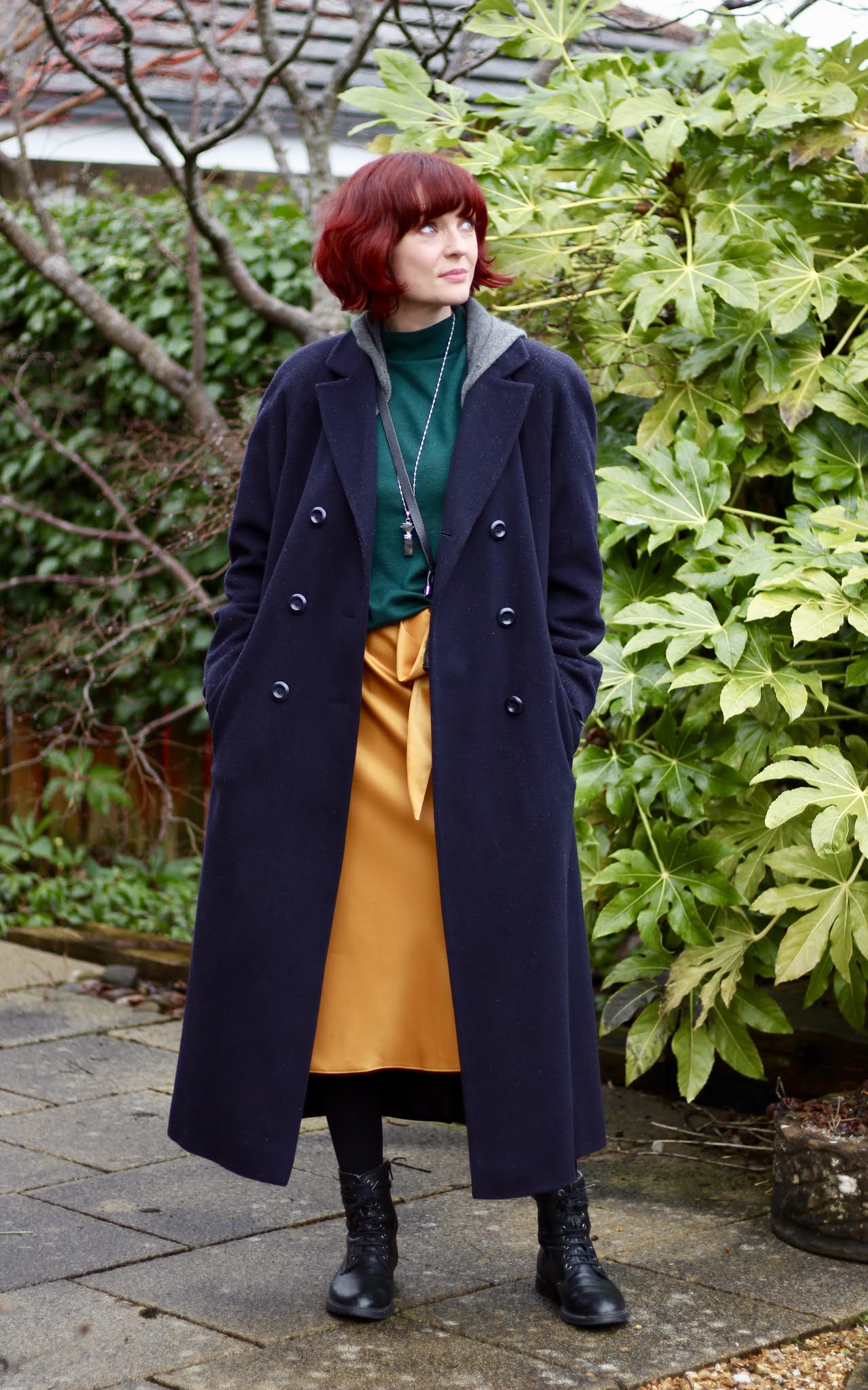 Yellow Satin Skirt, Green Jumper, Navy Coat * Winter OUTFIT over 40