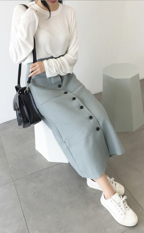 Semi Elastic Waistband Button-Up Midi Skirt