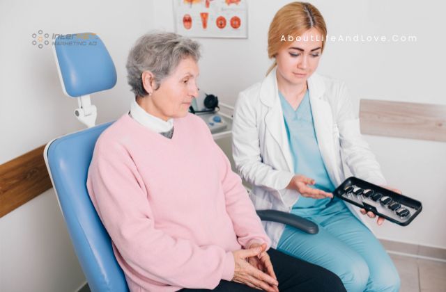 elderly woman sitting in a clinic talking to a doctor holding hearing aids