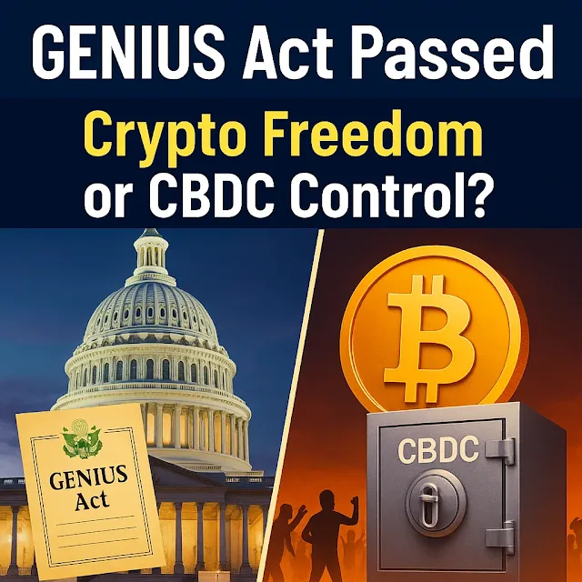 Illustration showing the U.S. Capitol and GENIUS Act document on one side, and a glowing Bitcoin symbol over a CBDC vault with silhouetted protesters on the other — symbolizing the debate between crypto freedom and government control.