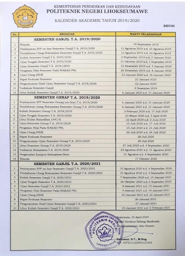 KELENDER AKADEMIK POLITEKNIK NEGERI LHOKSEUMAWE TAHUN 2019/2020