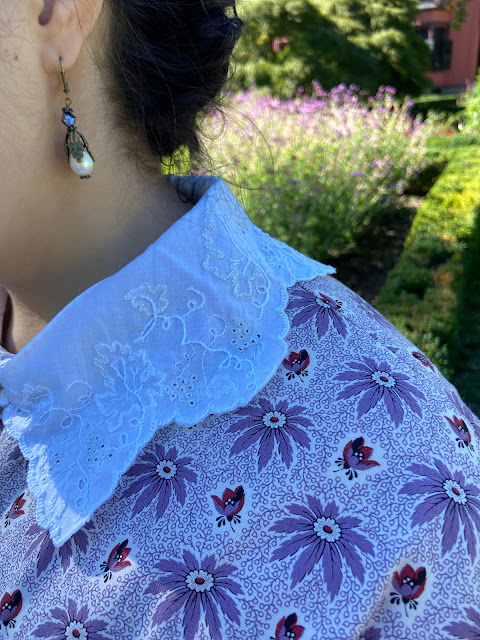 the same printed bodice and collar in close up, so the stitching is visible