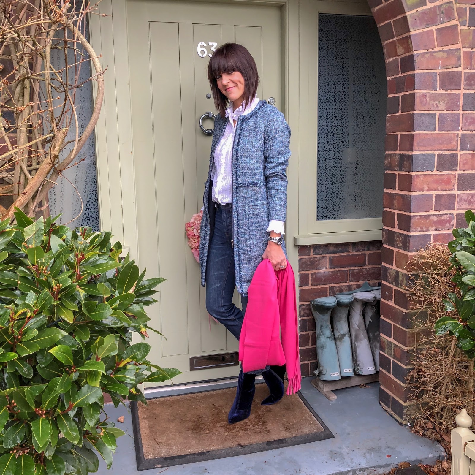 my midlife fashion, fenn wright manson natalie petite coat, isabel marant etoilt frill blouse, j crew toothpick jean, and other stories oversized wool scarf with tassels, marks and spencer stiletto heel side zip ankle boots