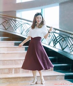 OOTD, Retro 80's, Christmas Collection, white flowy dress, high waisted maroon midi skirt, off shoulder white lace top, fashion