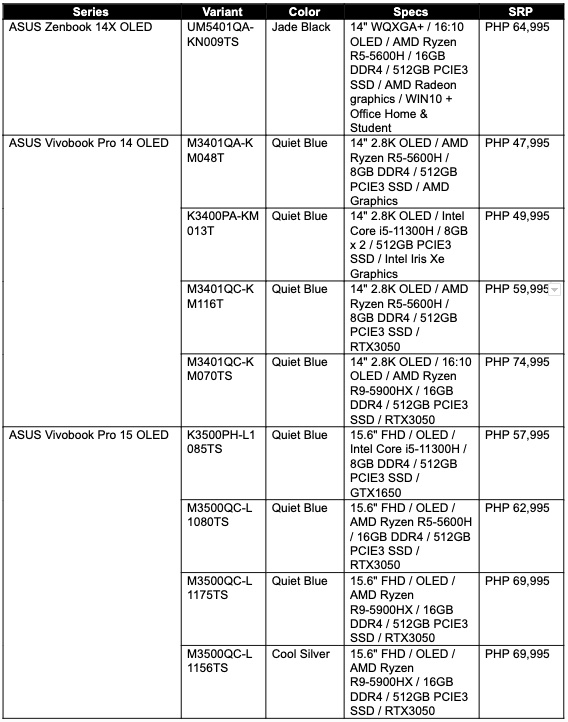 ASUS OLED Laptops Price and Specs