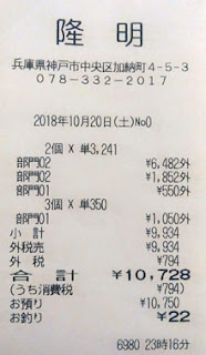 寿司隆明 三宮店 2018/10/20飲食レシート