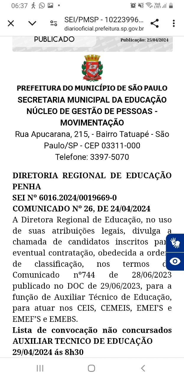 DRE Penha: convocação não concursados AUXILIAR TECNICO DE EDUCAÇÃO