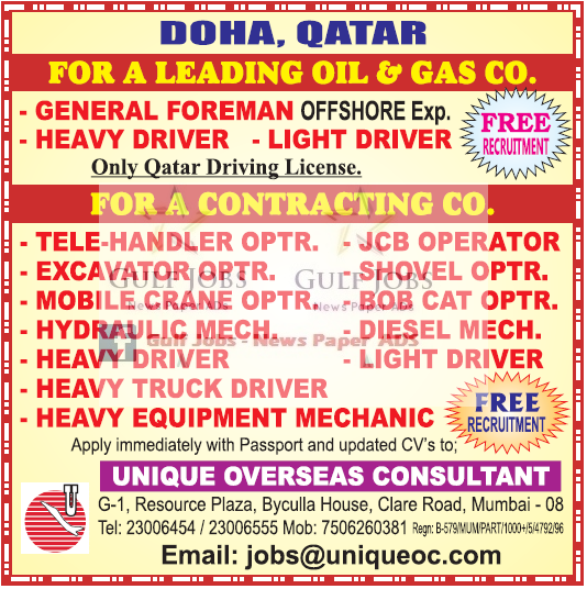 Leading Oil & Gas company Job Opportunities for Doha, Qatar - Free Recruitment