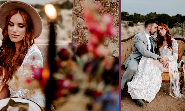 country bride in lace wedding dress with hat and fringe