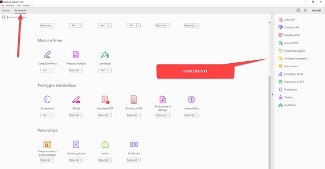 strumenti di adobe acrobat pro