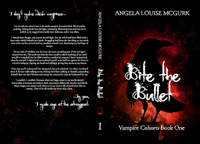 Cover art for Bite the Bullet: Vampire Cohorts Book One showing a raven silhouette on a red splatter background.