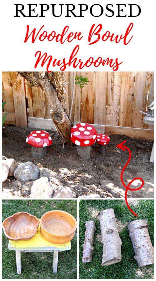 Repurposed Wooden Bowl Mushrooms
