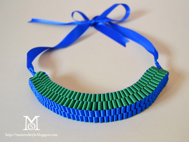 ribbon necklace diy, fashion diy, tutorial, how to, necklace diy, color block necklace, statement necklace diy