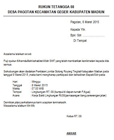 Contoh Surat Undangan Kerja Bakti Lingkungan RT Singkat 