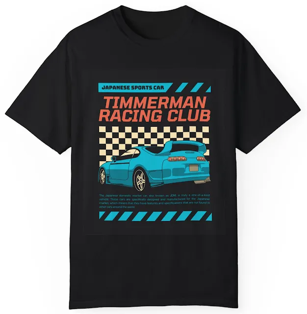 Comfort Colors Car T-Shirt With Blue and Orange Illustration Sports Car and Text Timmerman Racing Club
