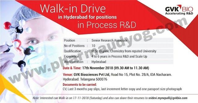 GVK bio | Walk-In Interview For Process R&D | 17th November 2018 | Hyderabad