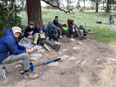 The crew enjoying lunch in the shade of a tree.