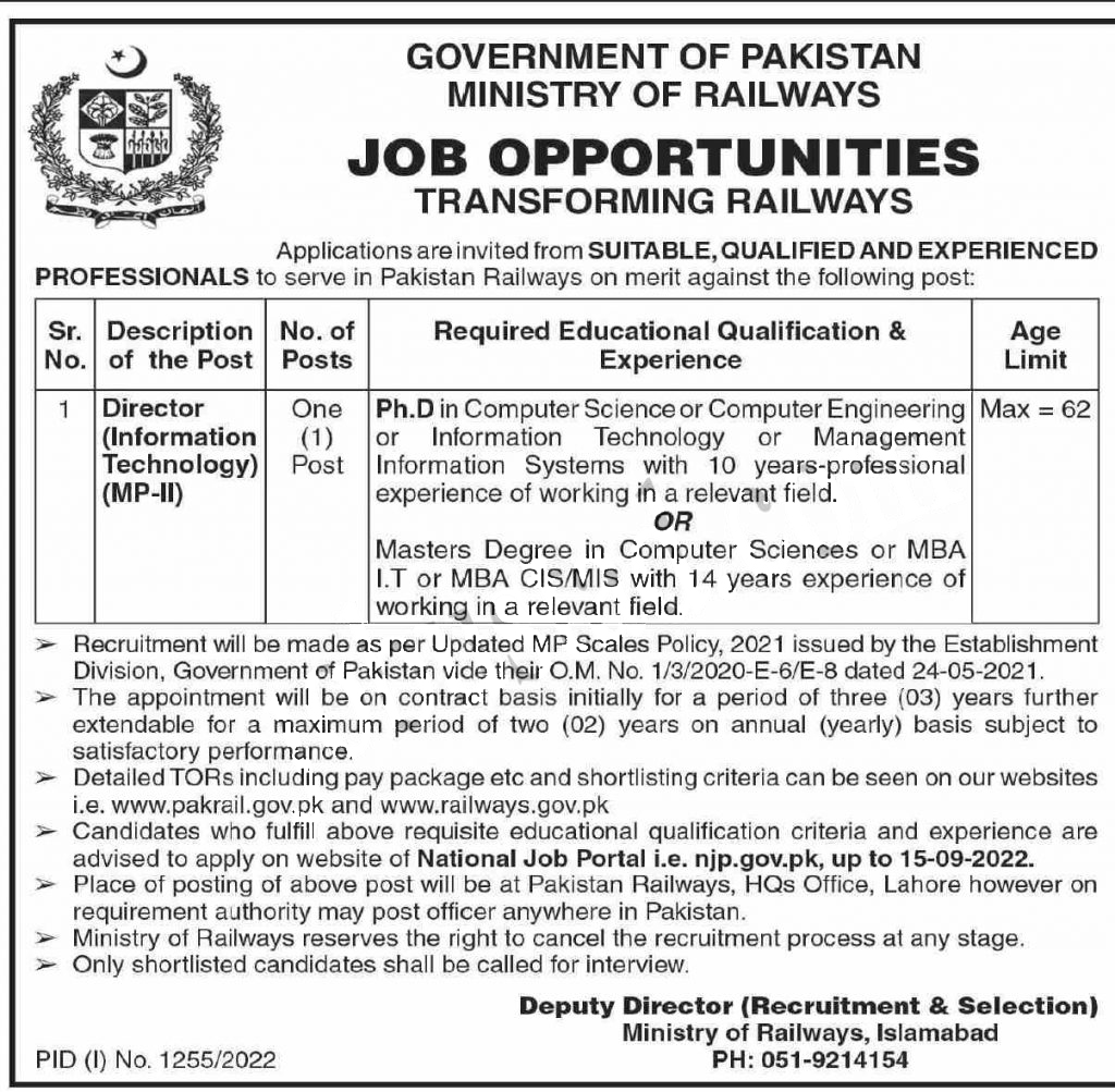 Ministry of Railways jobs 2022 Application Form